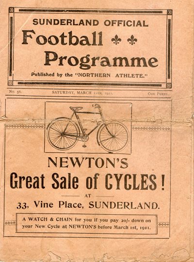 Matchday programme from Sunderland's 1911 fixture against Sheffield Wednesday.